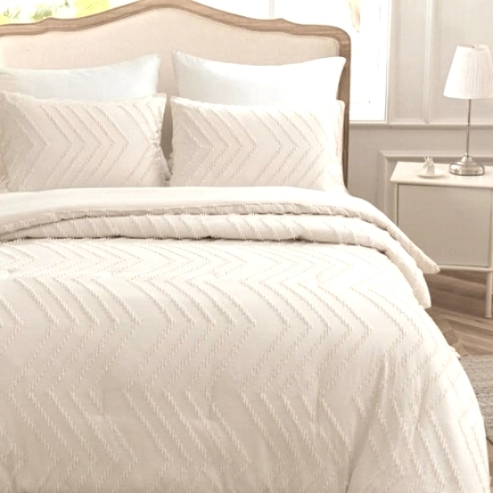 Tufted Chevron Cream Natural White Ivory Queen Size Bed Zigzag Comforter 3pc Set